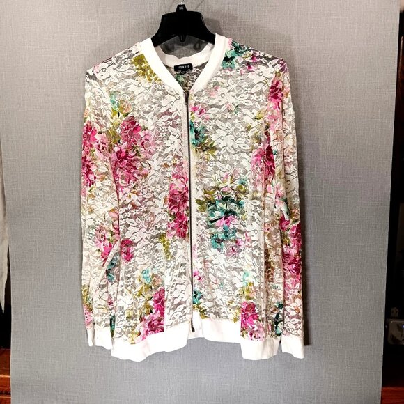 torrid floral lace bomber jacket Full zip sheer pink white Plus Size 4X Cottage - Picture 2 of 8